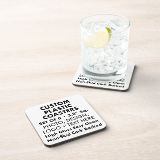 6x Custom Personalised Plastic Coasters, Cork Back Coaster