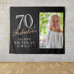 70 and Fabulous Black 70th Birthday Photo Backdrop Tapestry<br><div class="desc">70 and Fabulous Black 70th Birthday Photo Backdrop Tapestry. 70 and fabulous text in trendy script with a name on a black background. Personalise it with your photo, your name and the age, and make your own birthday party banner. It`s a great banner and backdrop for a woman`s birthday party....</div>