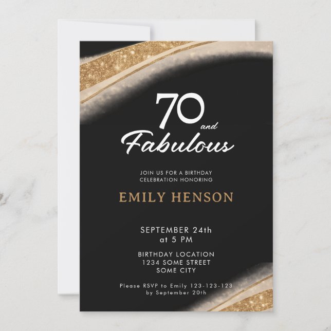 70 and Fabulous Black Gold Birthday Invitation (Front)