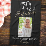 70 and Fabulous Elegant 70th Birthday Photo Kitche Tea Towel<br><div class="desc">70 and Fabulous Elegant 70th Birthday Photo kitchen towel. Elegant script in white and golden colours. Add your name and photo.</div>