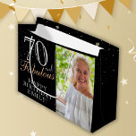 70 and Fabulous Elegant Black 70th Birthday Photo Large Gift Bag<br><div class="desc">70 and Fabulous Elegant Black 70th Birthday Photo Gift Bag. 70 and fabulous text in trendy script with a name on a black background. Personalize it with your photo,  name and age. It`s a great personalized photo gift bag for a woman`s birthday.</div>