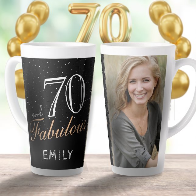 70 and Fabulous Elegant Black 70th Birthday Photo Latte Mug (Creator Uploaded)