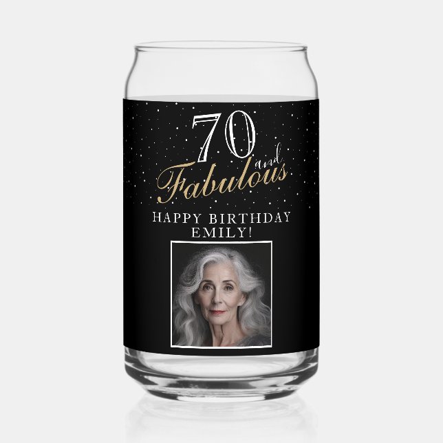 70 and Fabulous Elegant Black Photo 70th Birthday Can Glass (Front)