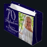 70 and Fabulous Elegant Blue 70th Birthday Photo Large Gift Bag<br><div class="desc">70 and Fabulous Elegant Blue 70th Birthday Photo Gift Bag. 70 and fabulous text in trendy script with a name on a blue background. Personalise it with your photo,  name and age. It`s a great personalised photo gift bag for a woman`s birthday.</div>