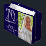 70 and Fabulous Elegant Blue 70th Birthday Photo Large Gift Bag<br><div class="desc">70 and Fabulous Elegant Blue 70th Birthday Photo Gift Bag. 70 and fabulous text in trendy script with a name on a blue background. Personalise it with your photo,  name and age. It`s a great personalised photo gift bag for a woman`s birthday.</div>