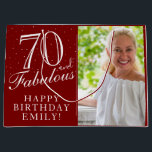70 and Fabulous Elegant Red 70th Birthday Photo Large Gift Bag<br><div class="desc">70 and Fabulous Elegant Red 70th Birthday Photo Gift Bag. 70 and fabulous text in trendy script with a name on a red background. Personalise it with your photo,  name and age. It`s a great personalised photo gift bag for a woman`s birthday.</div>