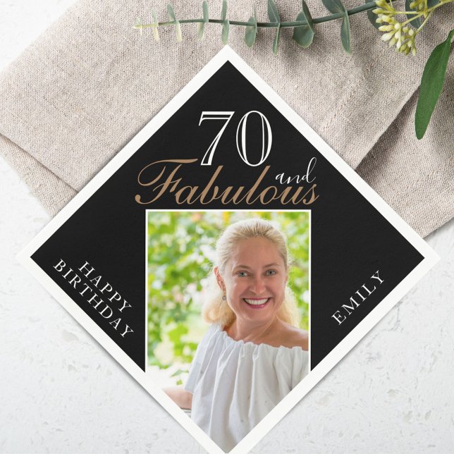 70 and Fabulous Elegant Script Photo 70th Birthday Napkin (Creator Uploaded)