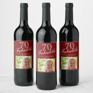 70 and Fabulous Elegant Script Photo 70th Birthday Wine Label