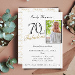 70 and Fabulous Elegant Script Photo Birthday Invitation<br><div class="desc">70 and Fabulous Elegant Script Photo Birthday Invitation. Elegant photo birthday party invitation. Fabulous pattern is on the backside. Add your photo and customise the text on the invitation. Great for a woman`s 70th birthday party.</div>
