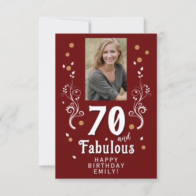 70 and Fabulous Foliage Red 70th Birthday Photo Card (Front)