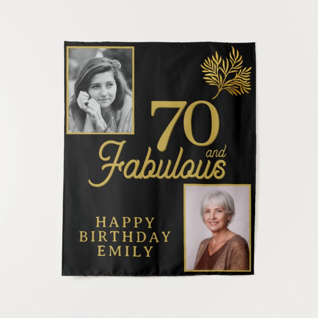 70 and Fabulous Gold Foliage 2 Photo Birthday  Tapestry (Front)