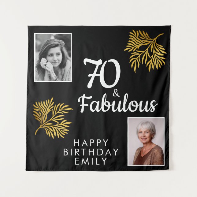 70 and Fabulous Gold Foliage 2 Photo Birthday Tapestry (Front)