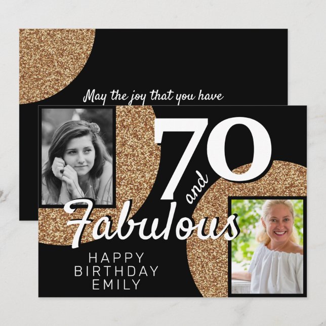 70 and Fabulous Gold Glitter 2 Photo 70th Birthday Card (Front/Back)