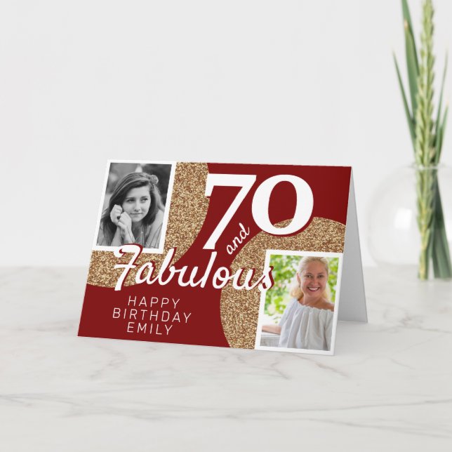 70 and Fabulous Gold Glitter 2 Photo 70th Birthday Card (Front)