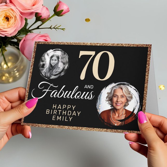 70 and Fabulous Gold Glitter 2 Photo 70th Birthday Card (Creator Uploaded)