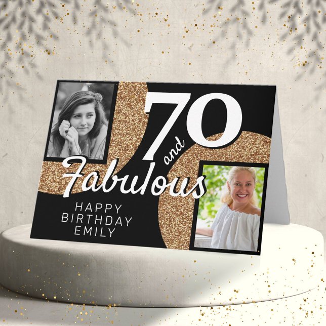 70 and Fabulous Gold Glitter 2 Photo 70th Birthday Card (Creator Uploaded)