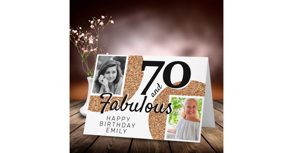 70 and Fabulous Gold Glitter 2 Photo 70th Birthday Card | Zazzle
