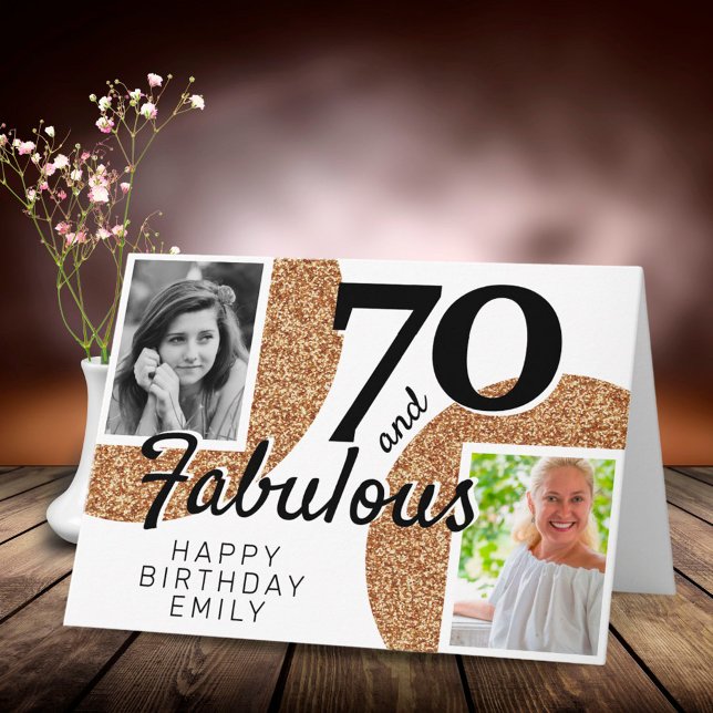70 and Fabulous Gold Glitter 2 Photo 70th Birthday Card (Creator Uploaded)
