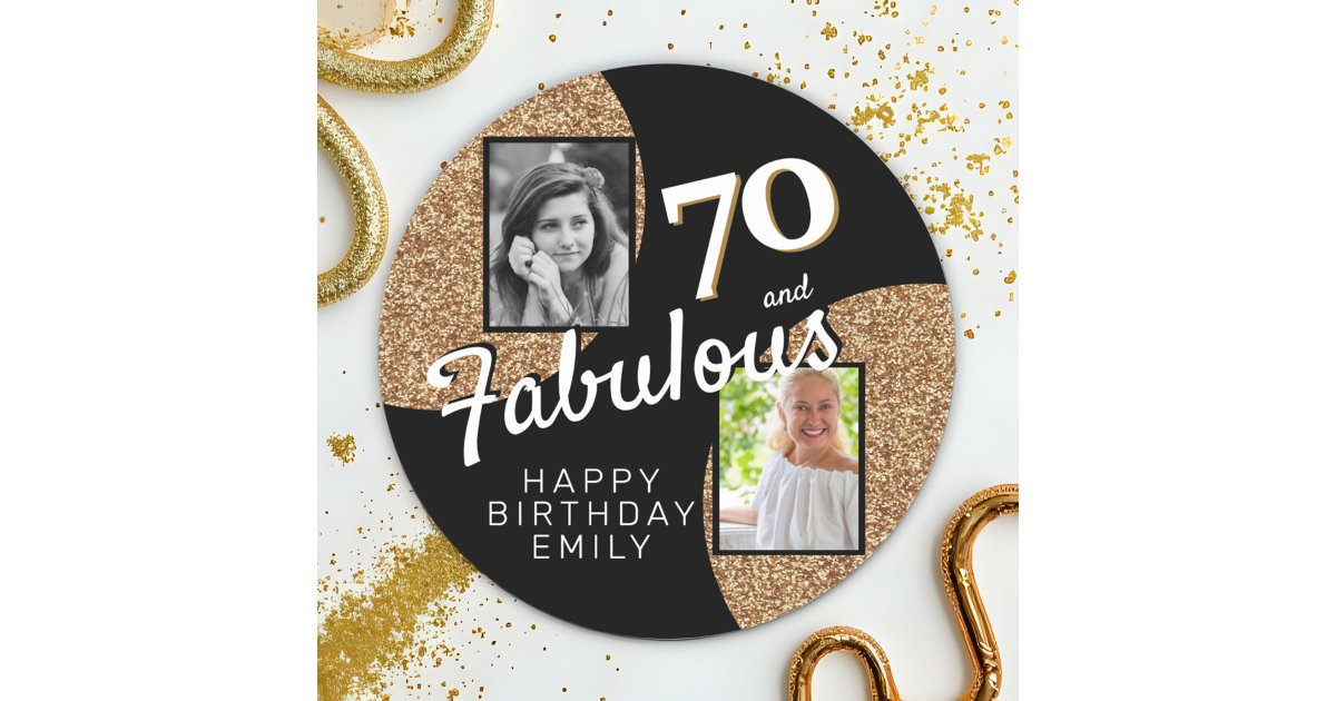 70 and Fabulous Gold Glitter 2 Photo 70th Birthday Classic Round ...
