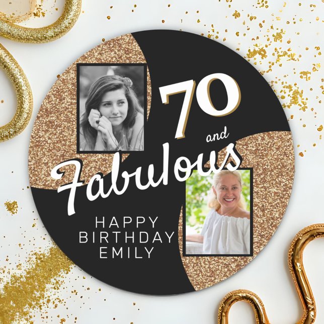 70 and Fabulous Gold Glitter 2 Photo 70th Birthday Classic Round Sticker (Creator Uploaded)