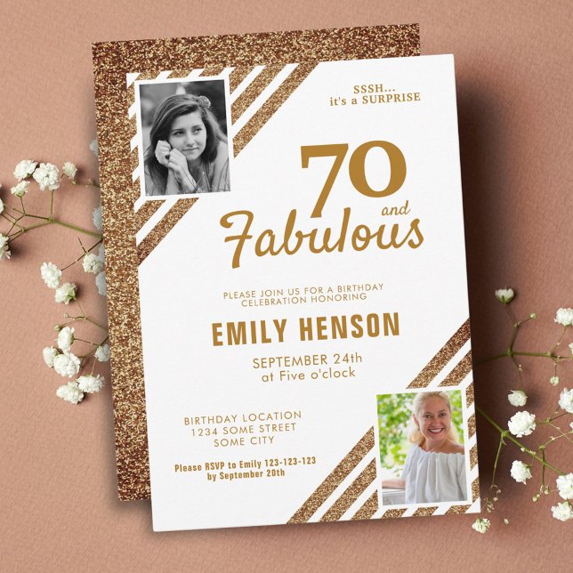 70 and Fabulous Gold Glitter 2 Photo 70th Birthday Invitation (Creator Uploaded)
