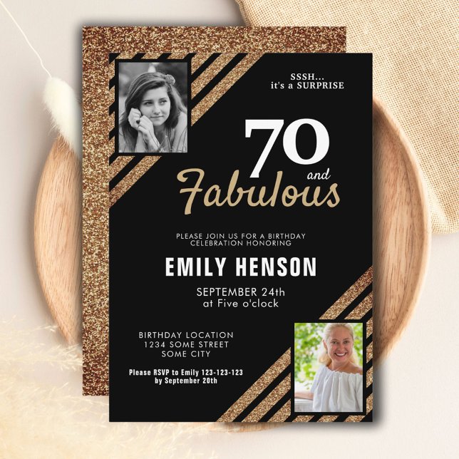 70 and Fabulous Gold Glitter 2 Photo 70th Birthday Invitation (Creator Uploaded)