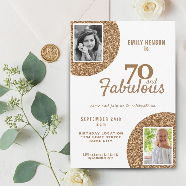 70 and Fabulous Gold Glitter 2 Photo 70th Birthday Invitation (Creator Uploaded)