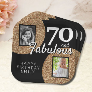 70 and Fabulous Gold Glitter 2 Photo 70th Birthday Paper Plate