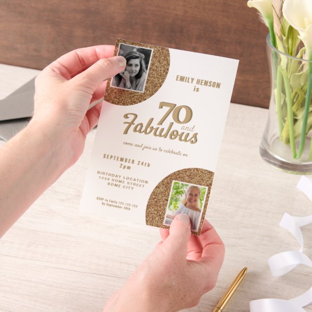 70 and Fabulous Gold Glitter 2 Photo 70th Birthday Vellum Invitations (Handheld)