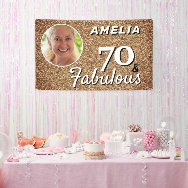 70 and Fabulous Gold Glitter 70th Birthday Photo  Banner (Party)