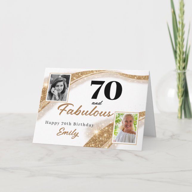 70 and Fabulous Gold Glitter Photo 70th Birthday Card (Front)