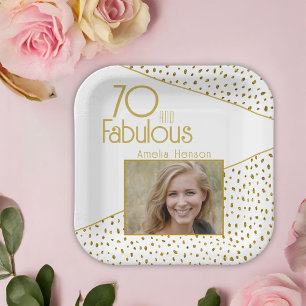 70 and Fabulous Gold Glitter Photo 70th Birthday Paper Plate