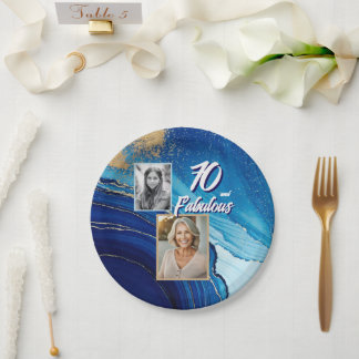 70 and Fabulous Marble Glitter 2 Photo Birthday Paper Plate