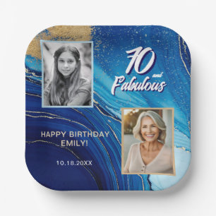 70 and Fabulous Marble Glitter 2 Photo Birthday Paper Plate