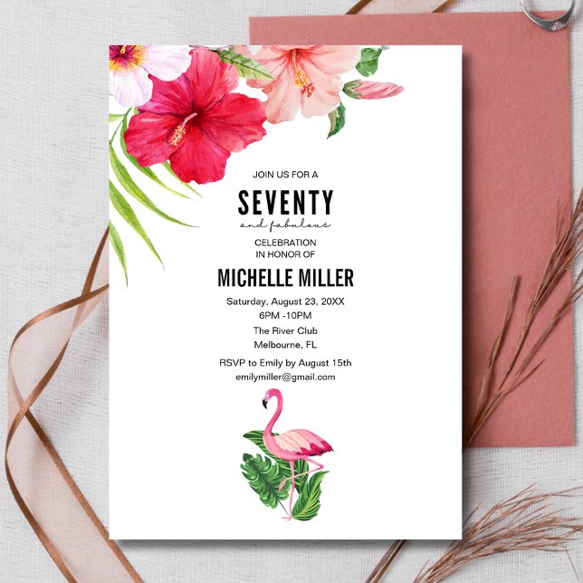 70 and Fabulous Pink Flamingo 70th Birthday Party  Invitation (70 and Fabulous Pink Flamingo 70th birthday party invitation)