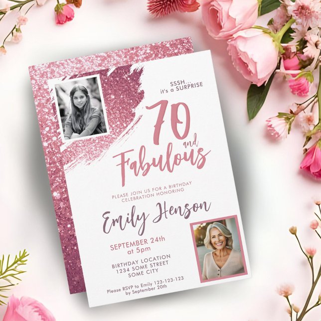 70 and Fabulous Pink Glitter 2 Photo 70th Birthday Invitation (Creator Uploaded)