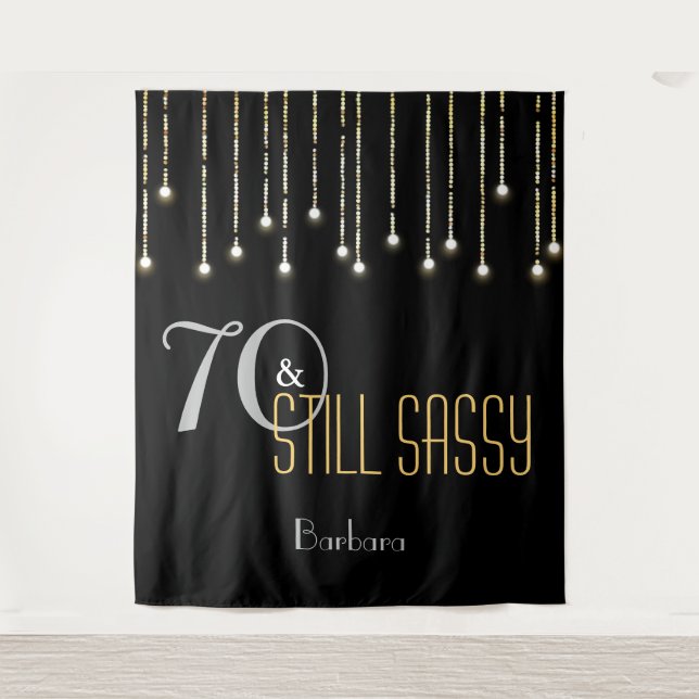70 and Sassy Black Silver Photo Booth Backdrop Tapestry (Front)