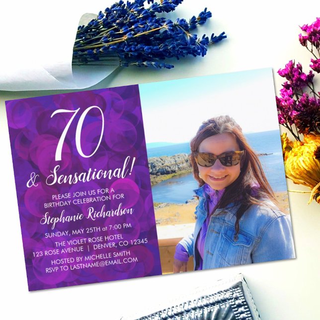 70 and Sensational Elegant Purple Photo Birthday Invitation (Creator Uploaded)