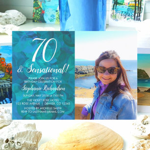 70 and Sensational Ocean Blue Photo Birthday Invitation