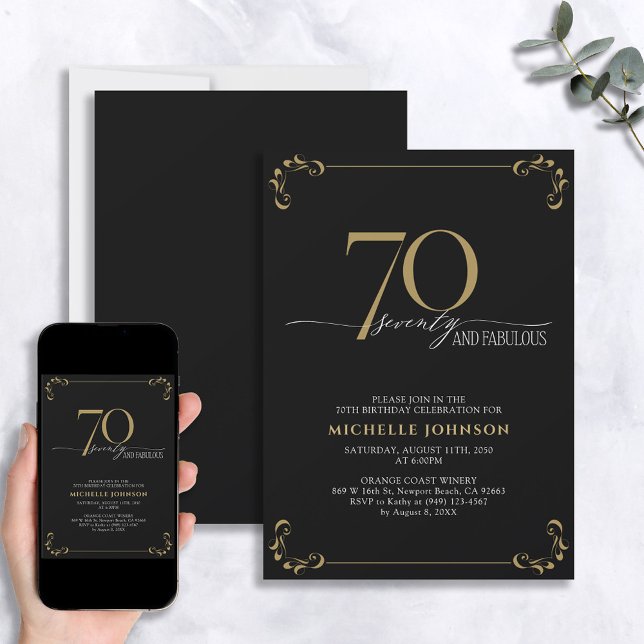 70 & Fabulous Black & Gold Calligraphy Birthday Invitation (Creator Uploaded)