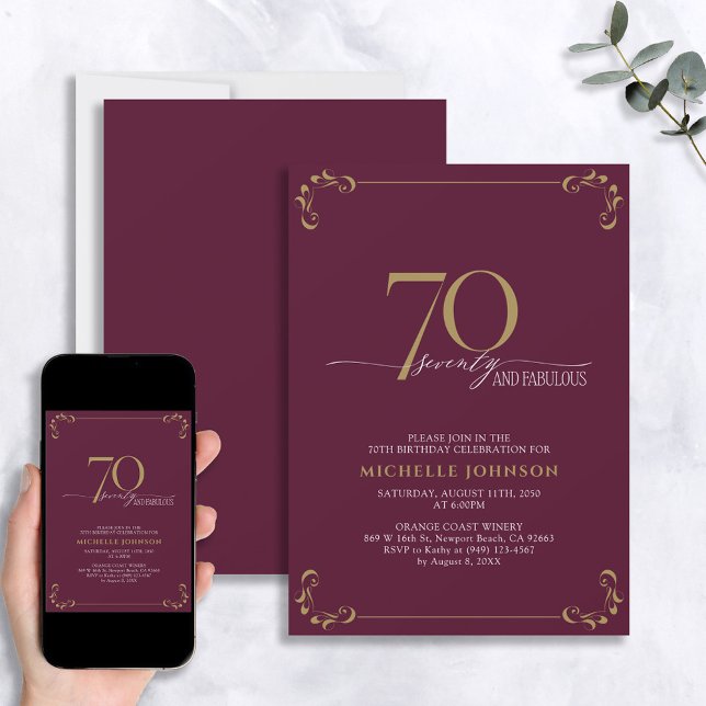 70 & Fabulous Burgundy White & Gold Birthday Invitation (Creator Uploaded)