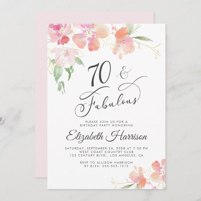 70 Fabulous Pink Floral Watercolor Birthday Party Invitation (Front/Back)