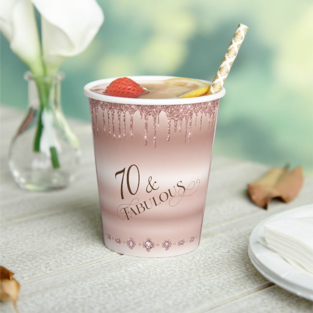 70 Fabulous Rose Gold Glitter Birthday Party Paper Cups (Insitu)