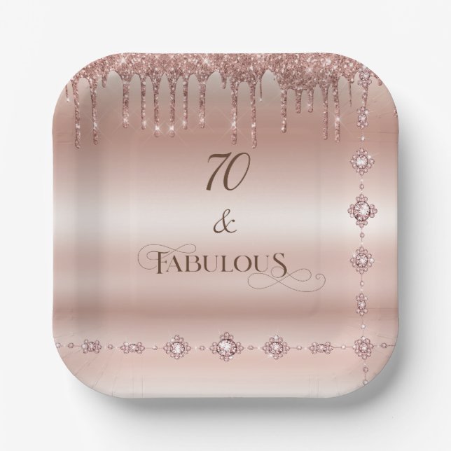 70 Fabulous Rose Gold Glitter Birthday Party Paper Plate (Front)