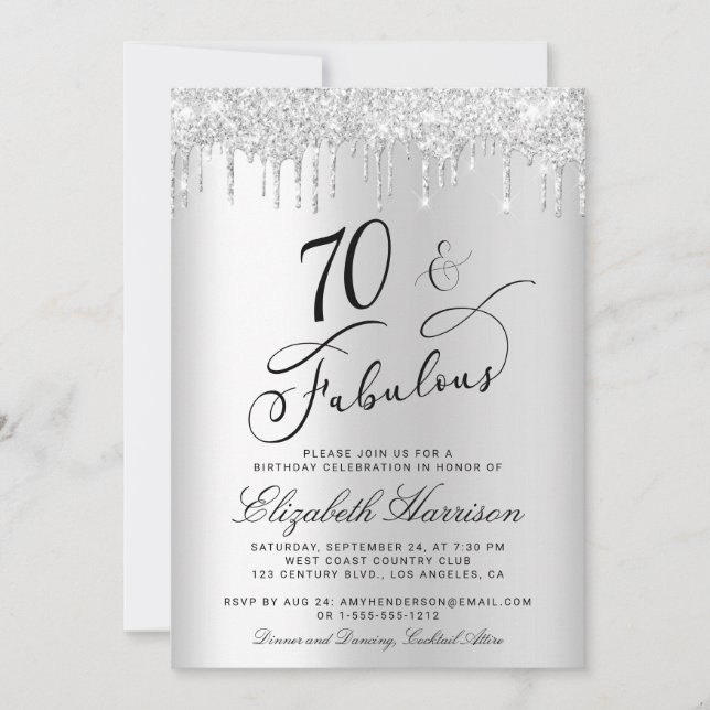 70 Fabulous Silver Glitter Birthday Party Invitation (Front)