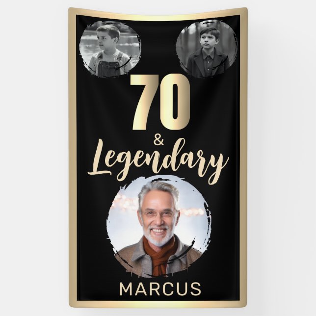 70 & Legendary 3 Photos 70th Birthday Gold Banner (Vertical)