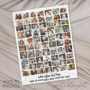 70 Photo Collage Grid - Custom Text - White Fleece Blanket