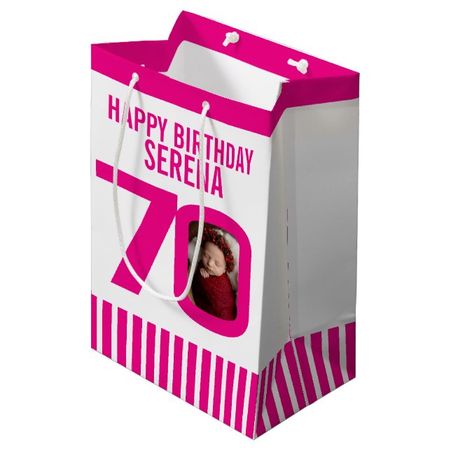 70 photo in the 0 pink white birthday gift bag (Front Angled)