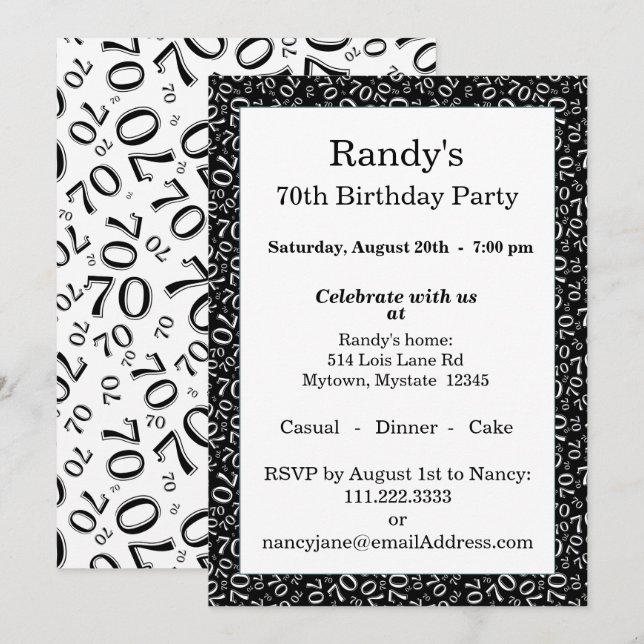 70 Random Number Pattern Black/White 70th Invitation (Front/Back)