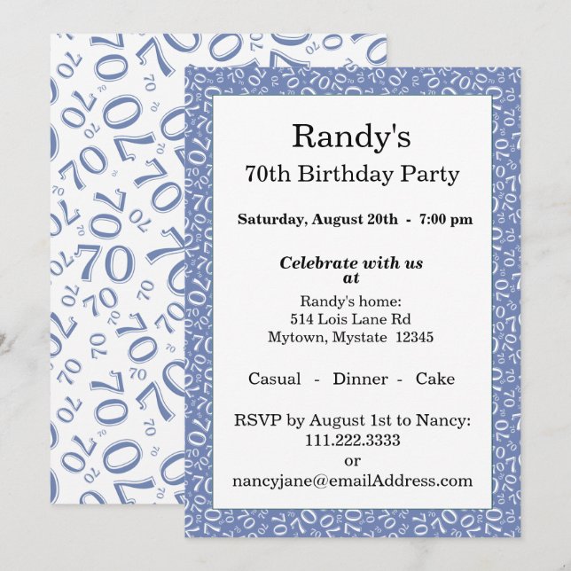 70 Random Number Pattern Blue/White 70th Invitation (Front/Back)